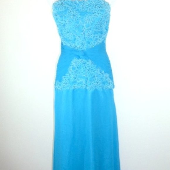 Jovani silk turquoise blue gown ruched lace 10 - Picture 1 of 9